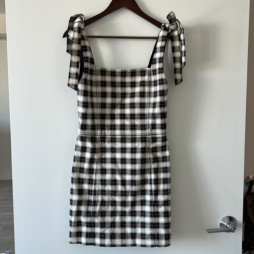 alice + olivia Maryann Tie Shoulder Dress Shaw Plaid Lg Antique White